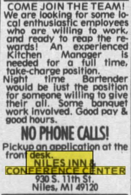 Niles Inn and Conference Center - July 1998 Ad (newer photo)